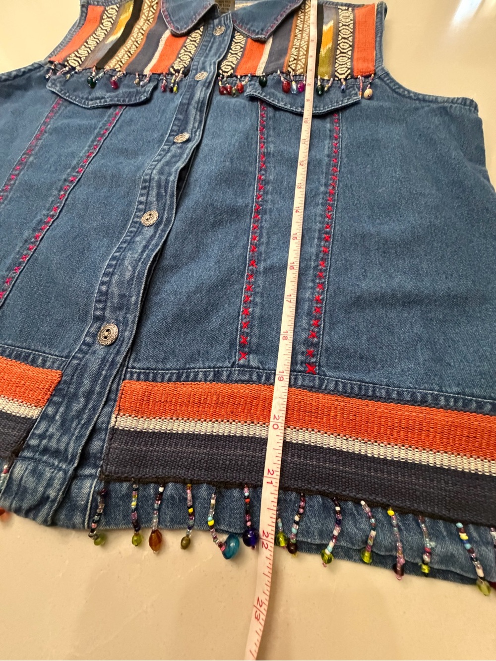 Vintage Southwestern Tantrum Blues Denim Beaded Vest w/ Multicolor Aztec Yoke PL - Picture 14 of 16